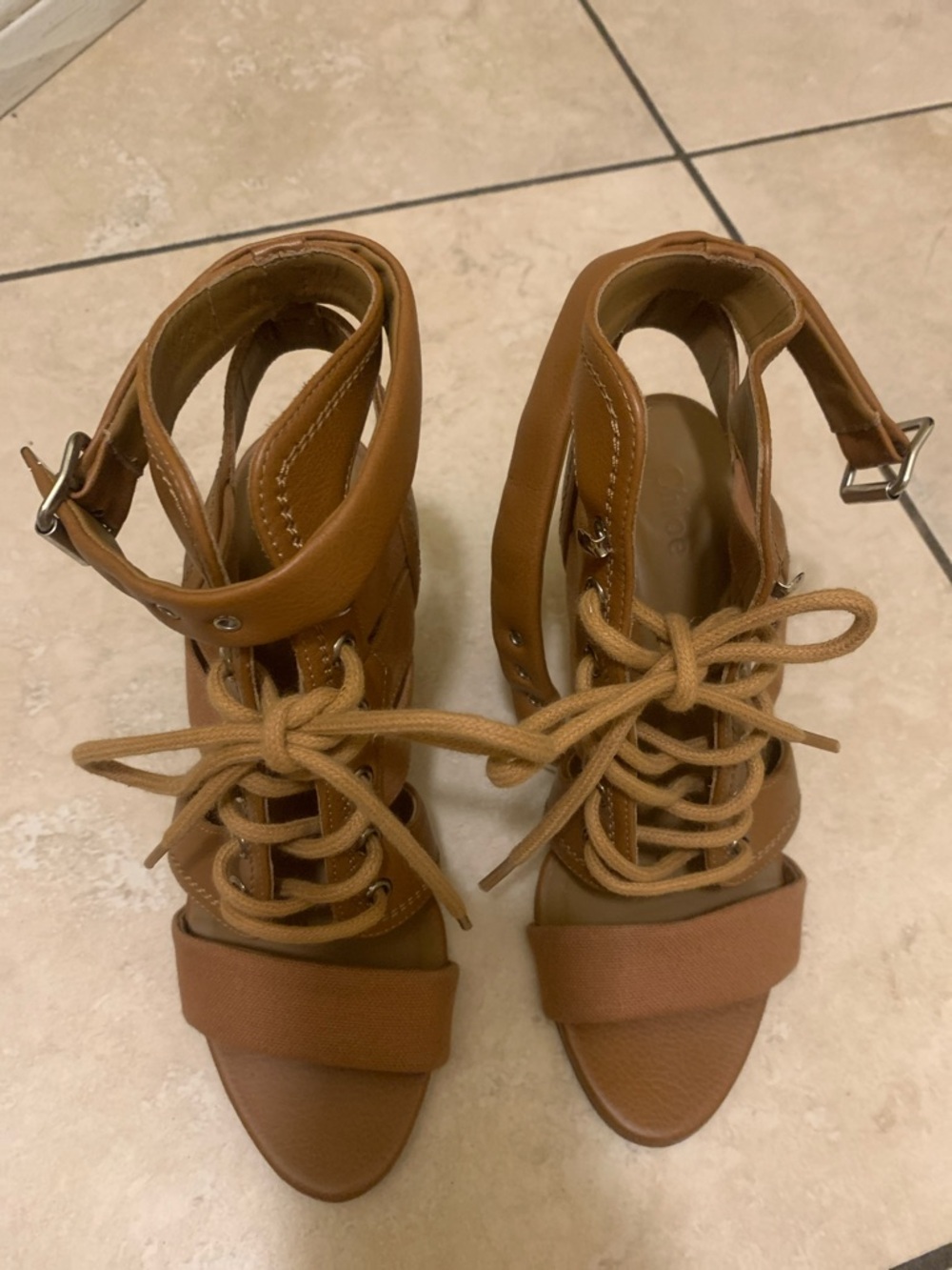 Chloe woman’s  Tan Lace-Up Block Heel Sandals size 38